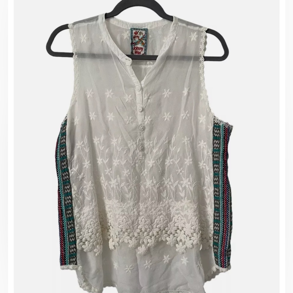 Johnny Was Turia Tank White Embroidered Button Placket Scalloped Eyelet Medium